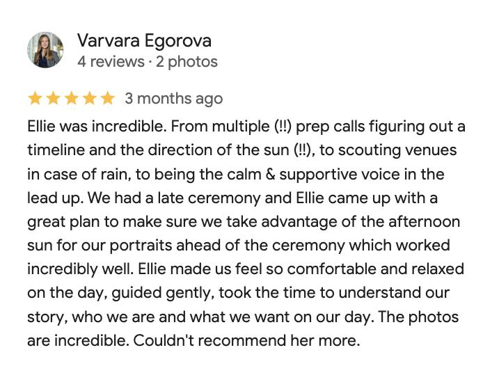 Five-star Google review from Varvara Egorova